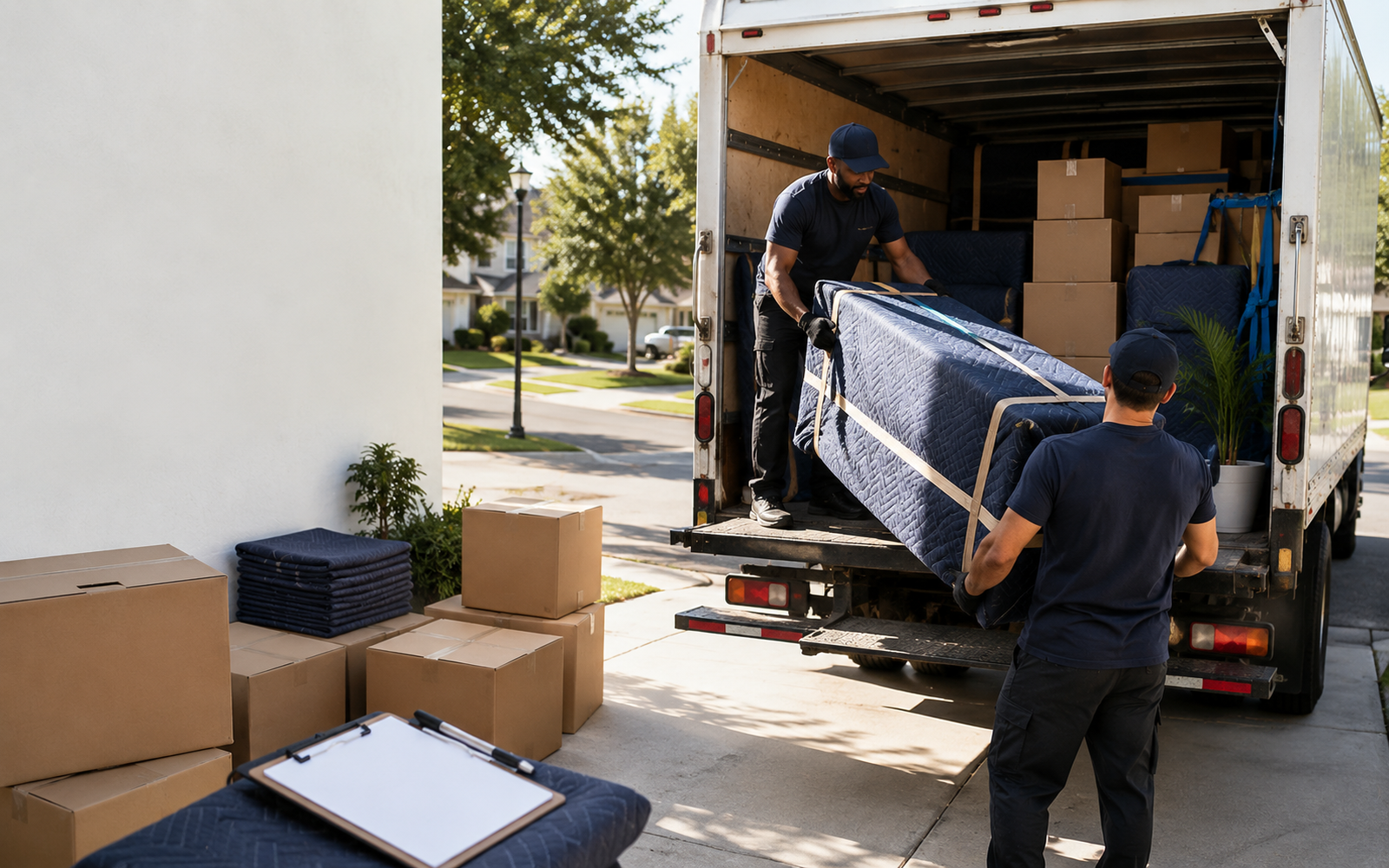 Organized household move plan with labeled boxes, inventory checklist, and clean truck-loading scene, no logos or text.