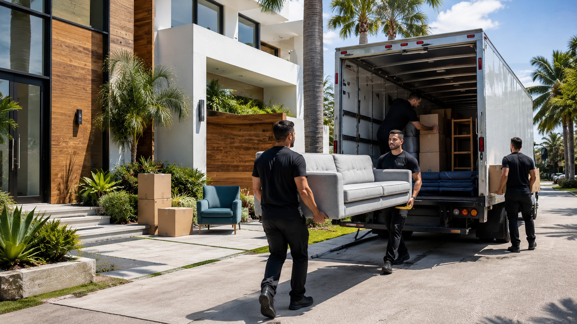 Professional movers loading a moving truck outside a home